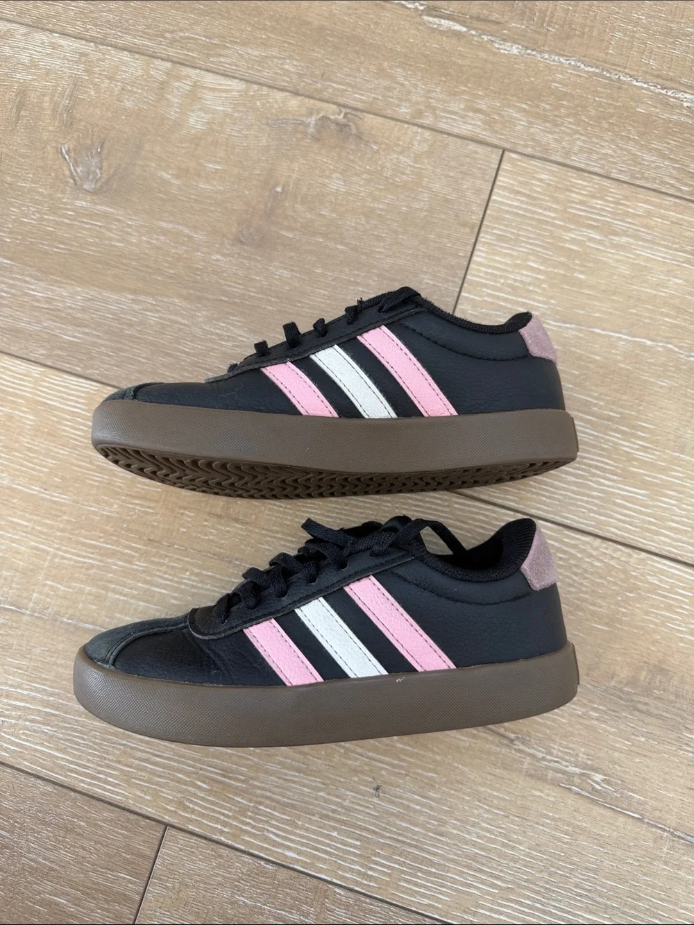 Kids adidas Black Sneakers with Pink & Cream Stripes